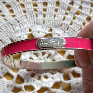 Vintage Vera Bradley Signed Enamel Gold Tone Bangle Bracelet, Pink, 2.5"